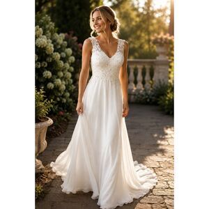 Chiffon Beaded Lace Wedding Dress Sleeveless Gown V-neck 14